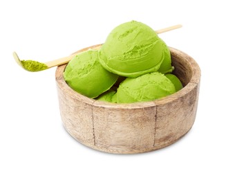 Photo of Tasty matcha ice cream in bowl and bamboo spoon with powder isolated on white