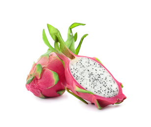 Photo of Delicious cut and whole dragon fruits (pitahaya) on white background