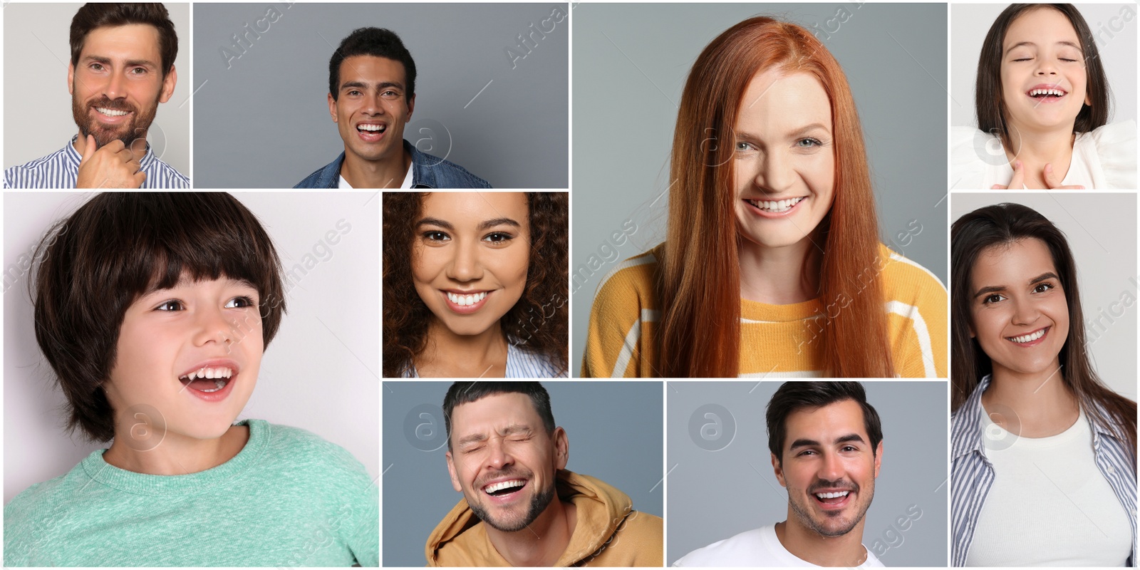 Image of Collage with portraits of happy people on different color backgrounds