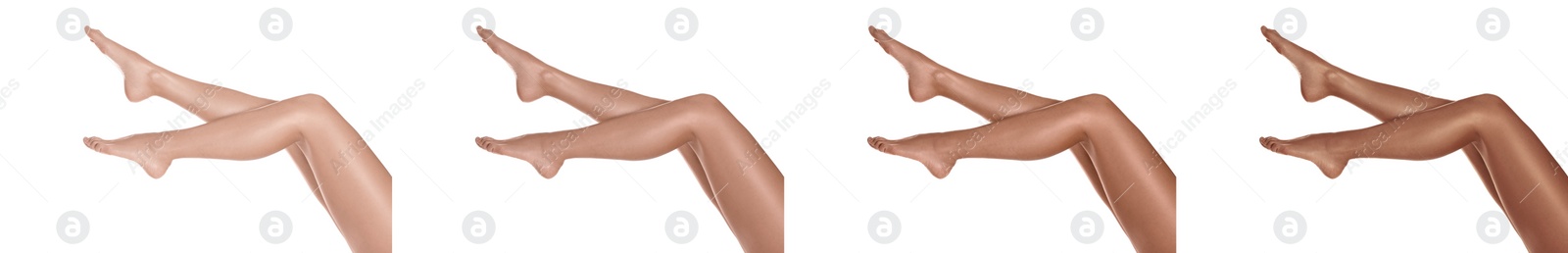 Image of Woman with beautiful legs on white background, closeup. Collage of photos showing stages of suntanning