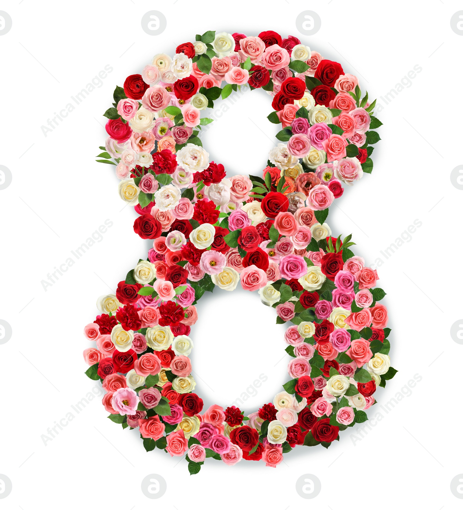 Image of International women's day. Number 8 made of beautiful flowers on white background, top view