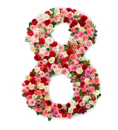 Image of International women's day. Number 8 made of beautiful flowers on white background, top view