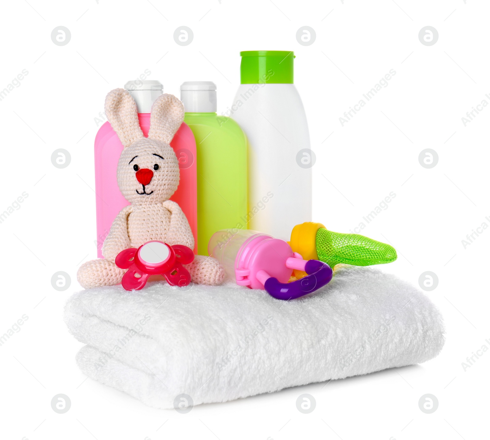 Photo of Set of baby accessories on white background