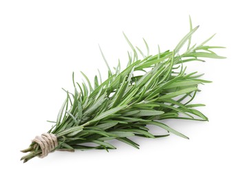 Photo of Fresh rosemary twigs tied with twine isolated on white
