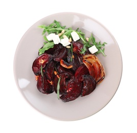 Photo of Roasted beetroot slices with feta cheese and arugula isolated on white, top view