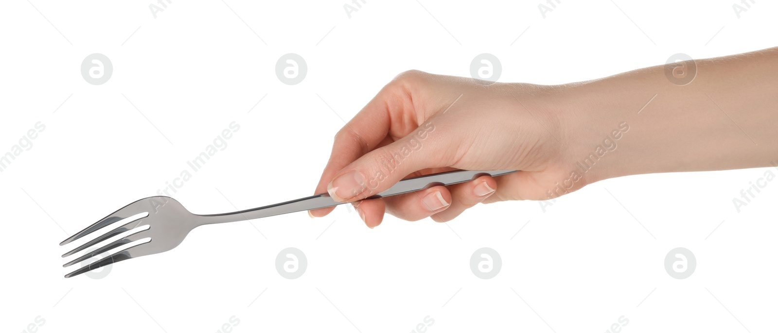 Photo of Woman holding clean fork on white background, closeup