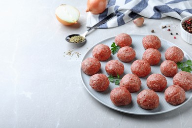 Many fresh raw meatballs on light table, space for text