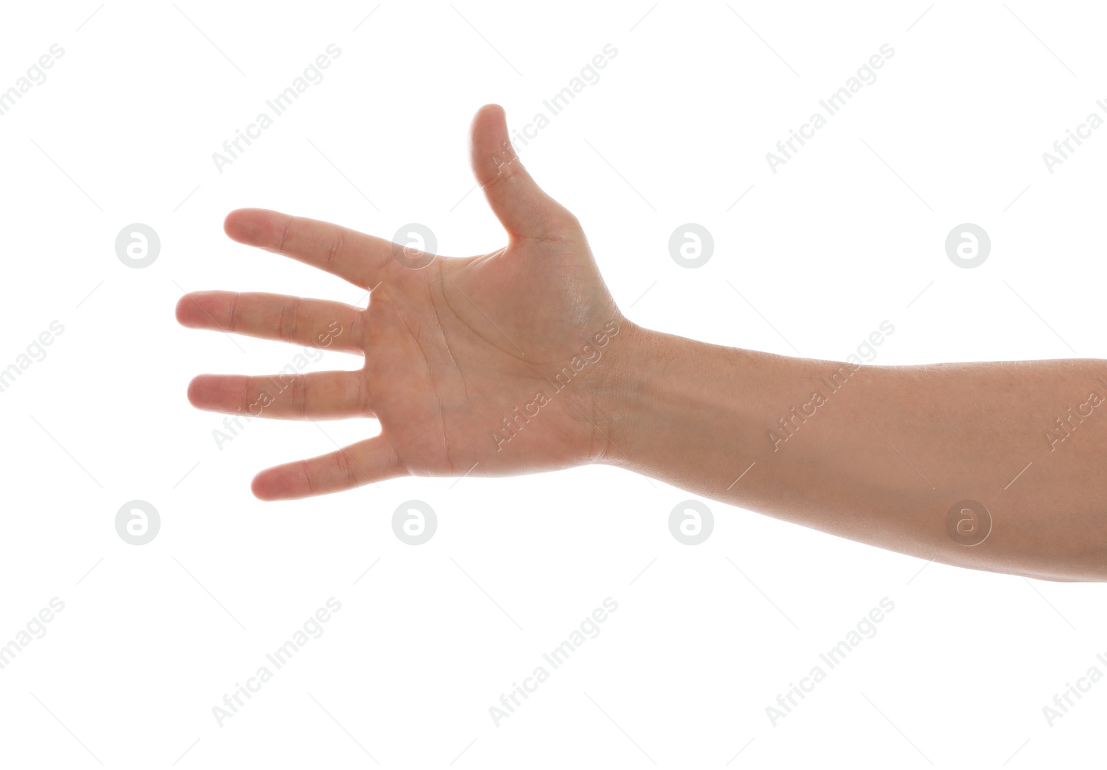 Photo of Man against white background, closeup of hand