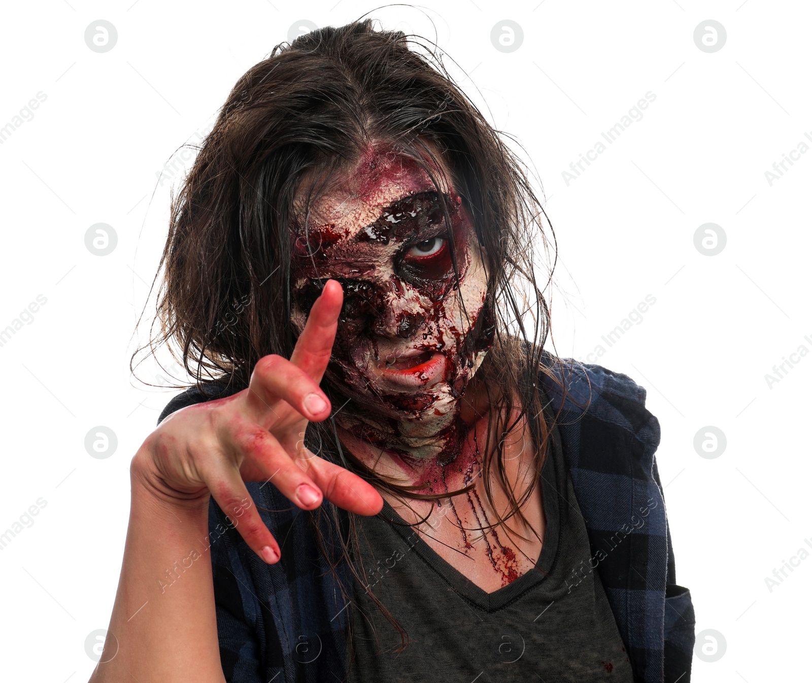 Photo of Scary zombie on white background. Halloween monster