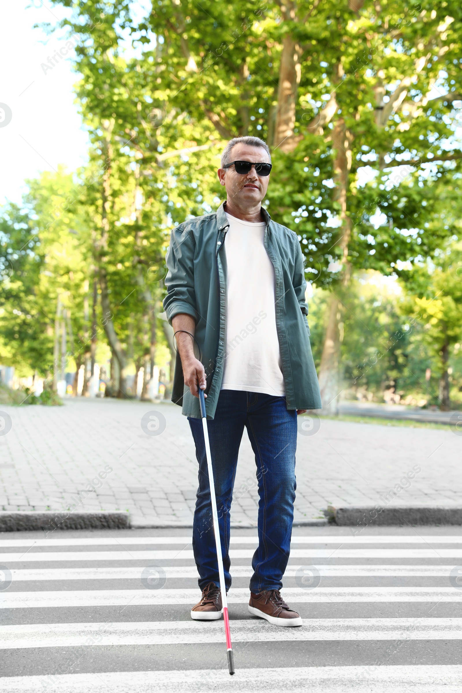 Photo of Mature blind person with white cane crossing street in city