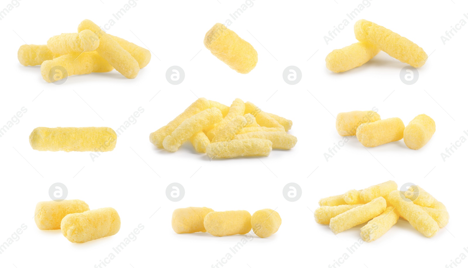 Image of Collage with tasty corn sticks on white background