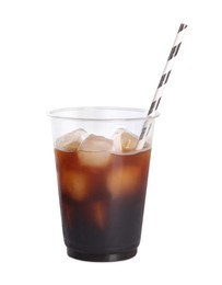 Refreshing iced coffee in plastic cup with straw isolated on white