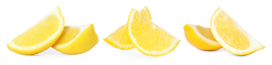 Image of Set with fresh ripe lemons on white background. Banner design 