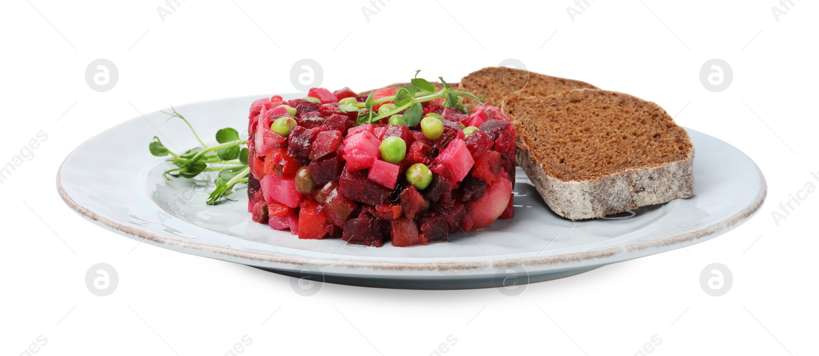 Photo of Delicious vinaigrette salad with slices of bread isolated on white