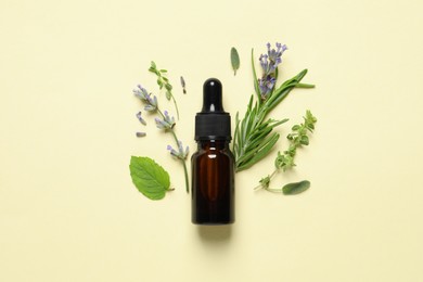 Photo of Bottleessential oil and different herbs on beige background, flat lay
