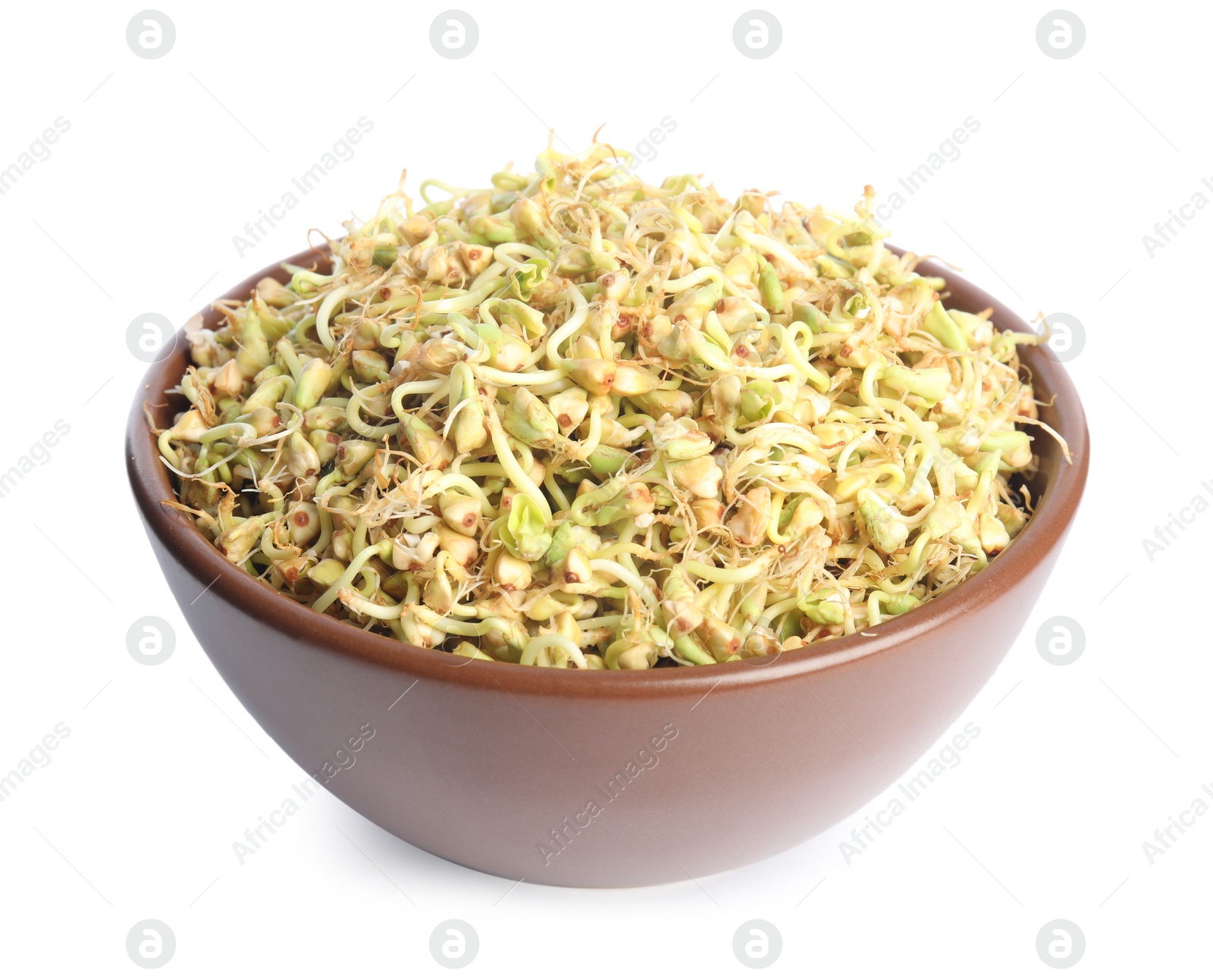 Photo of Bowl of sprouted green buckwheat isolated on white