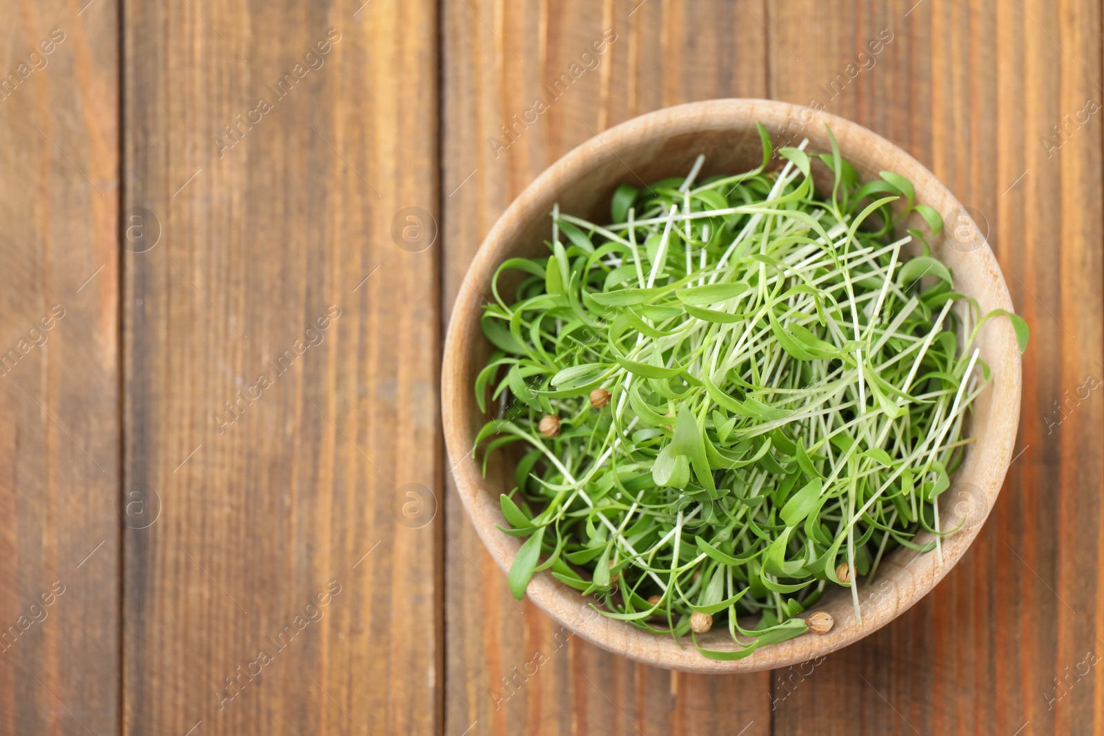 Photo of Bowl with fresh microgreen on wooden table, top view. Space for text