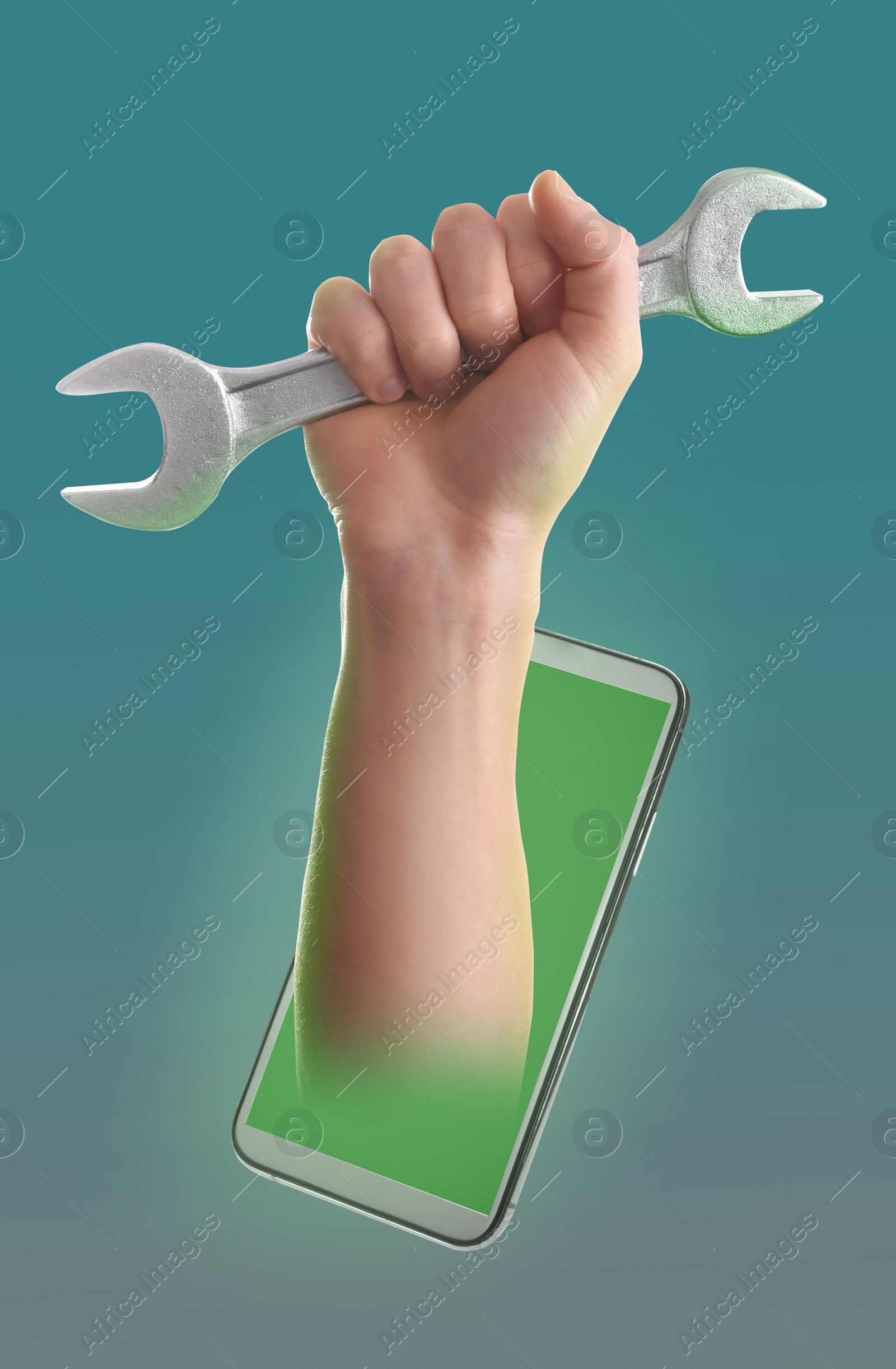 Image of Repair service - just call. Closeup view of man with wrench and smartphone on blue background