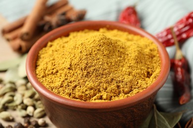 Curry powder in bowl and other spices on table, closeup