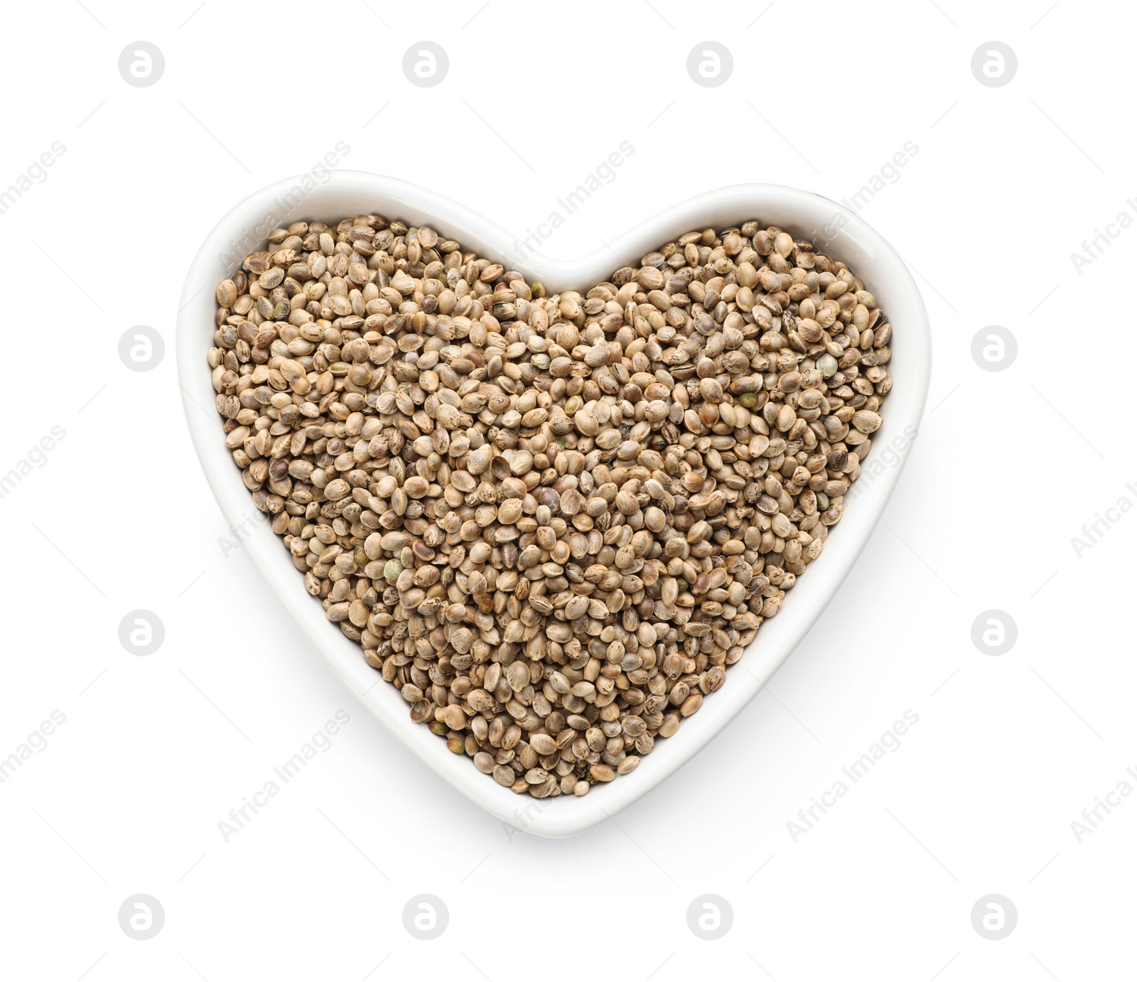 Photo of Raw organic hemp seeds on white background, top view