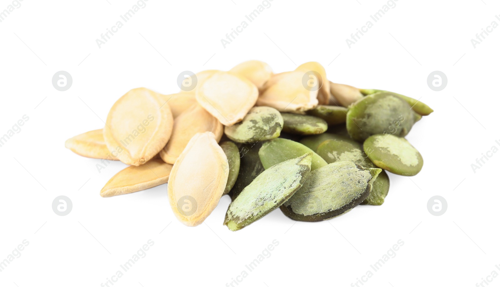 Photo of Pile of raw pumpkin seeds on white background