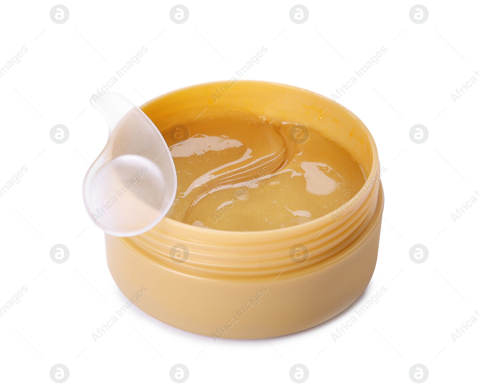 Photo of Under eye patches in jar with spatula isolated on white. Cosmetic product