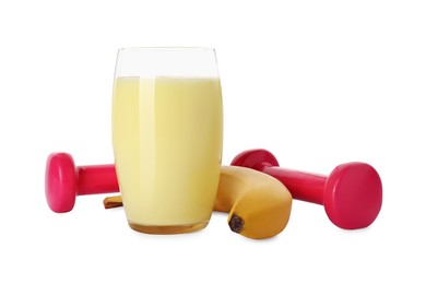 Photo of Tasty banana shake, fresh fruit and dumbbells isolated on white. Weight loss
