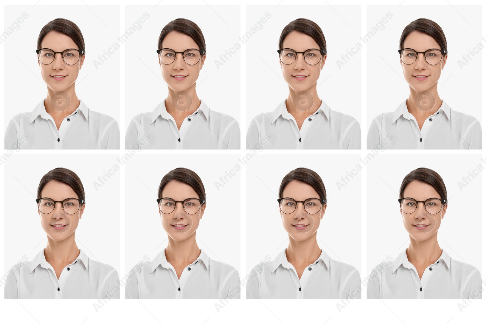 Image of Passport photo, collage. Woman on white background, set of photos