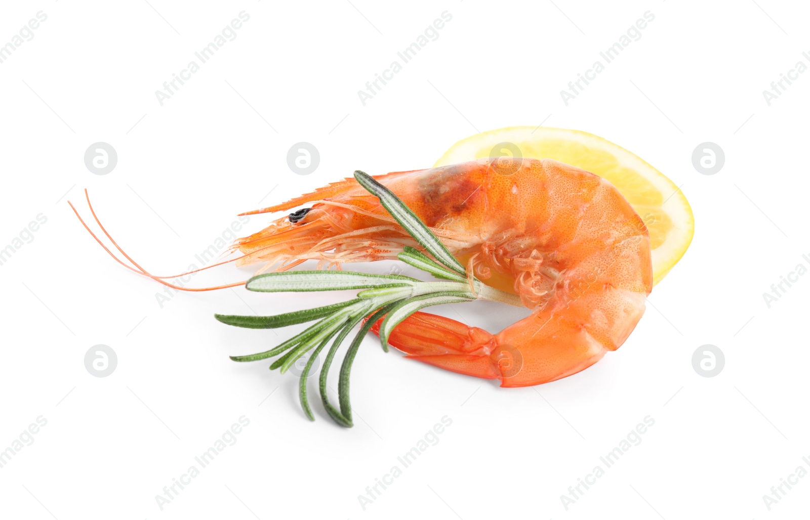 Photo of Delicious cooked shrimp, lemon and rosemary isolated on white