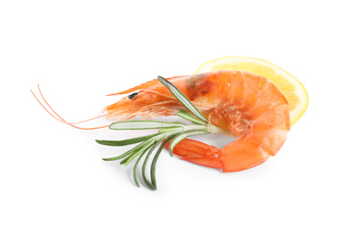 Delicious cooked shrimp, lemon and rosemary isolated on white