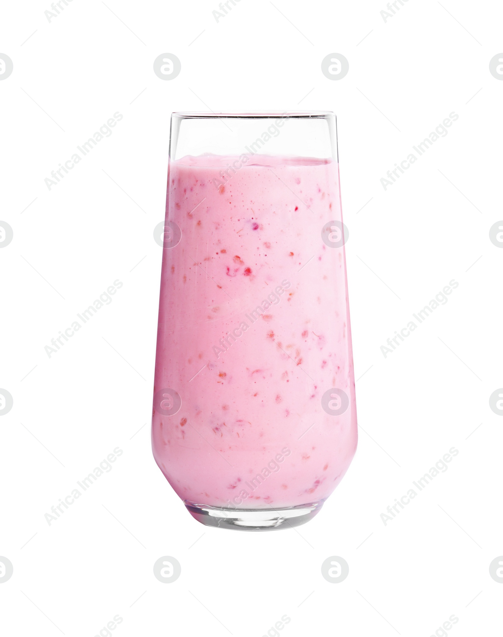 Photo of Tasty raspberry smoothie in glass isolated on white