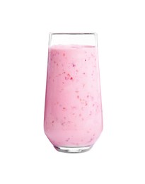 Photo of Tasty raspberry smoothie in glass isolated on white