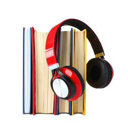 Photo of Books and modern headphones isolated on white