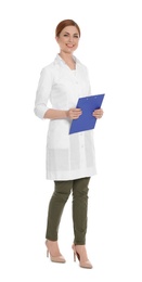 Photo of Full length portrait of medical doctor with clipboard isolated on white