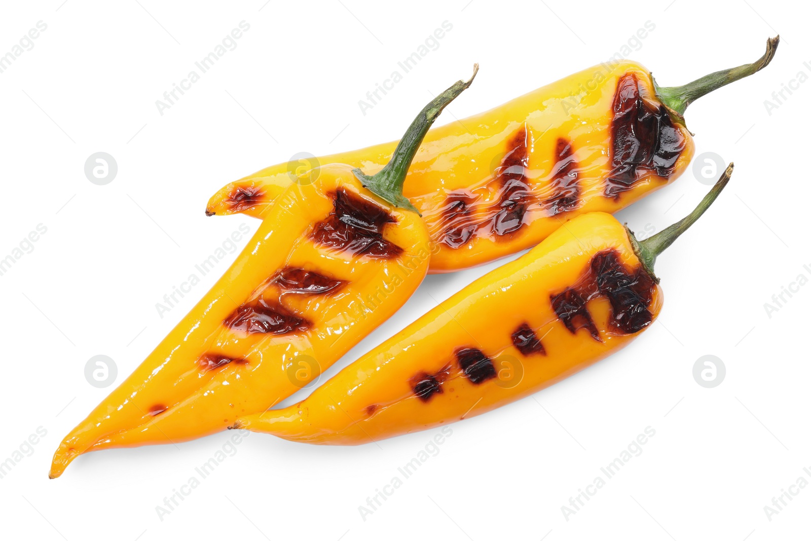 Photo of Tasty grilled yellow peppers isolated on white, top view