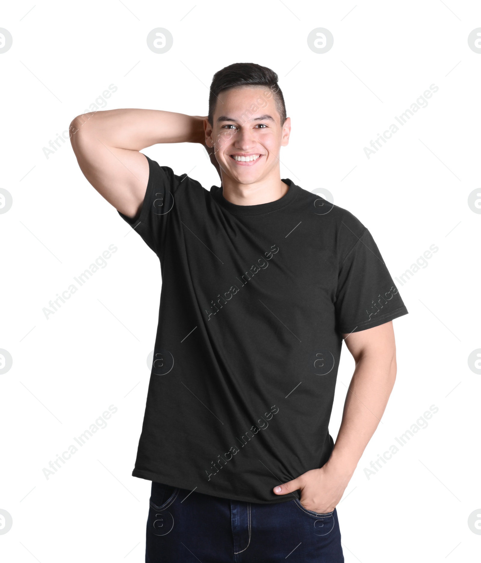 Photo of Young man in black t-shirt on white background. Mockup for design