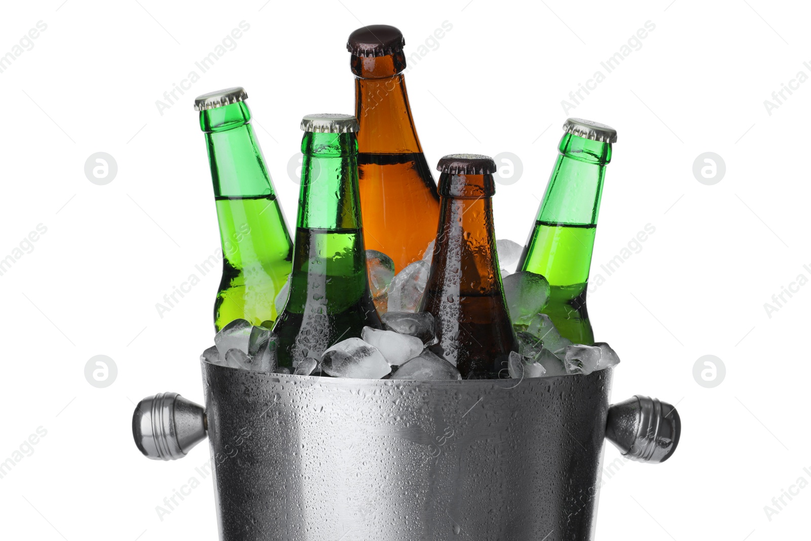 Photo of Metal bucket with bottles of beer and ice cubes isolated on white