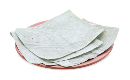 Photo of Plate with delicious green Armenian lavash on white background