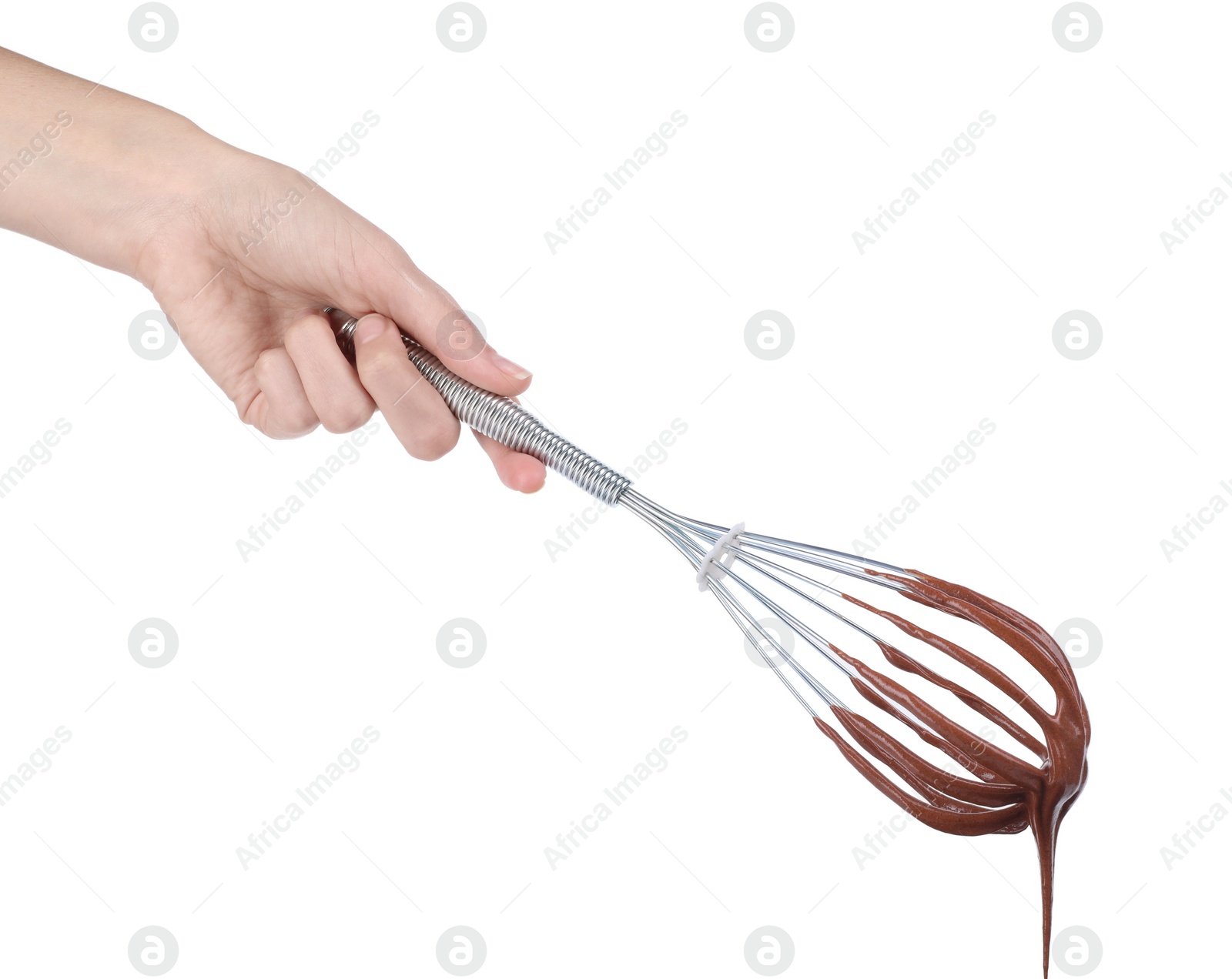 Photo of Woman holding whisk with chocolate cream isolated on white, closeup