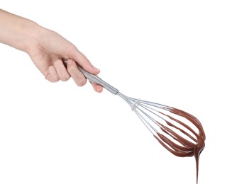Woman holding whisk with chocolate cream isolated on white, closeup