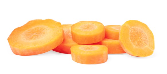Pile of fresh ripe carrot slices on white background