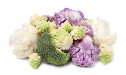 Photo of Heap of various cauliflower cabbages on white background