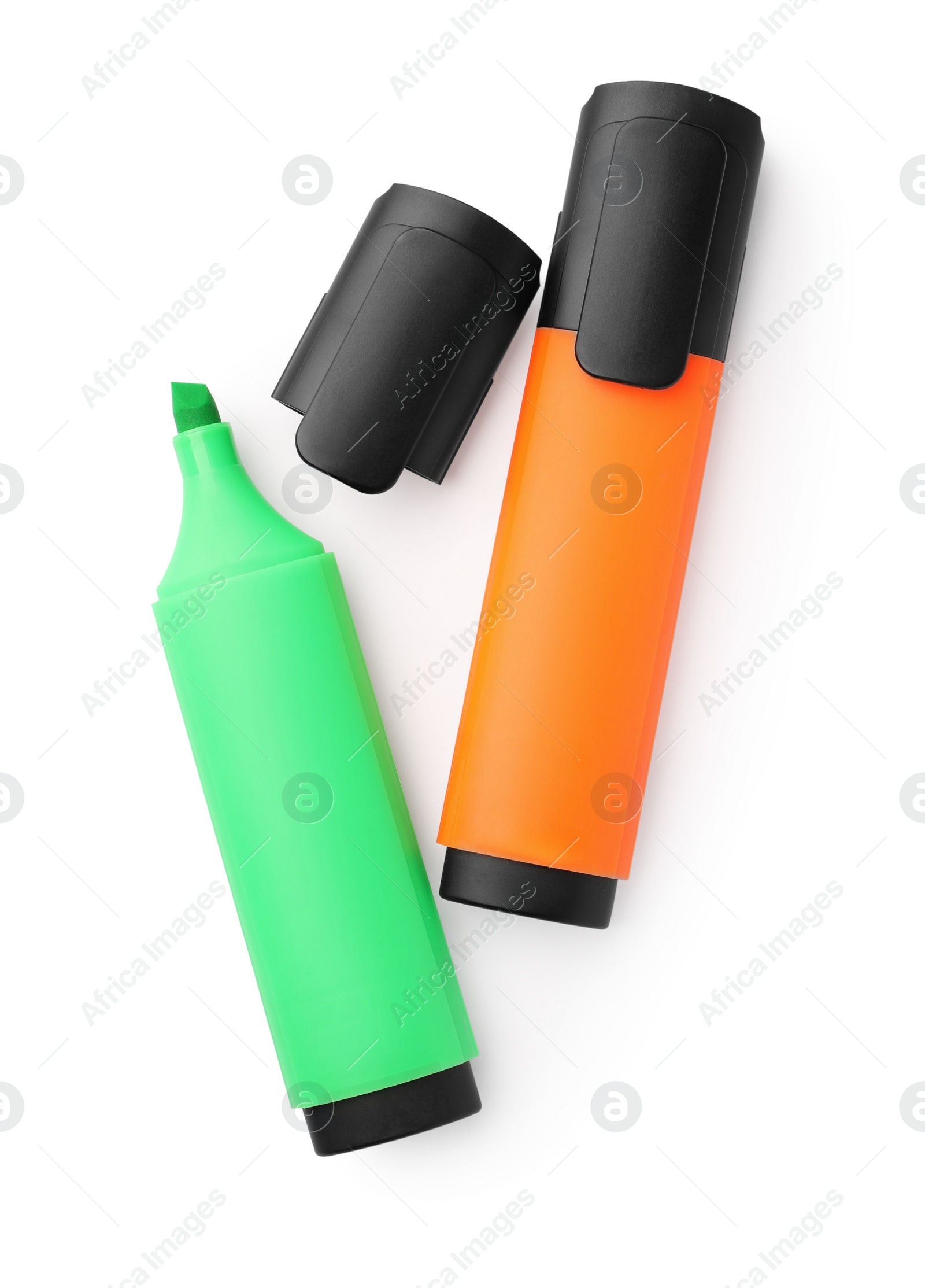 Photo of Two colorful markers isolated on white, top view