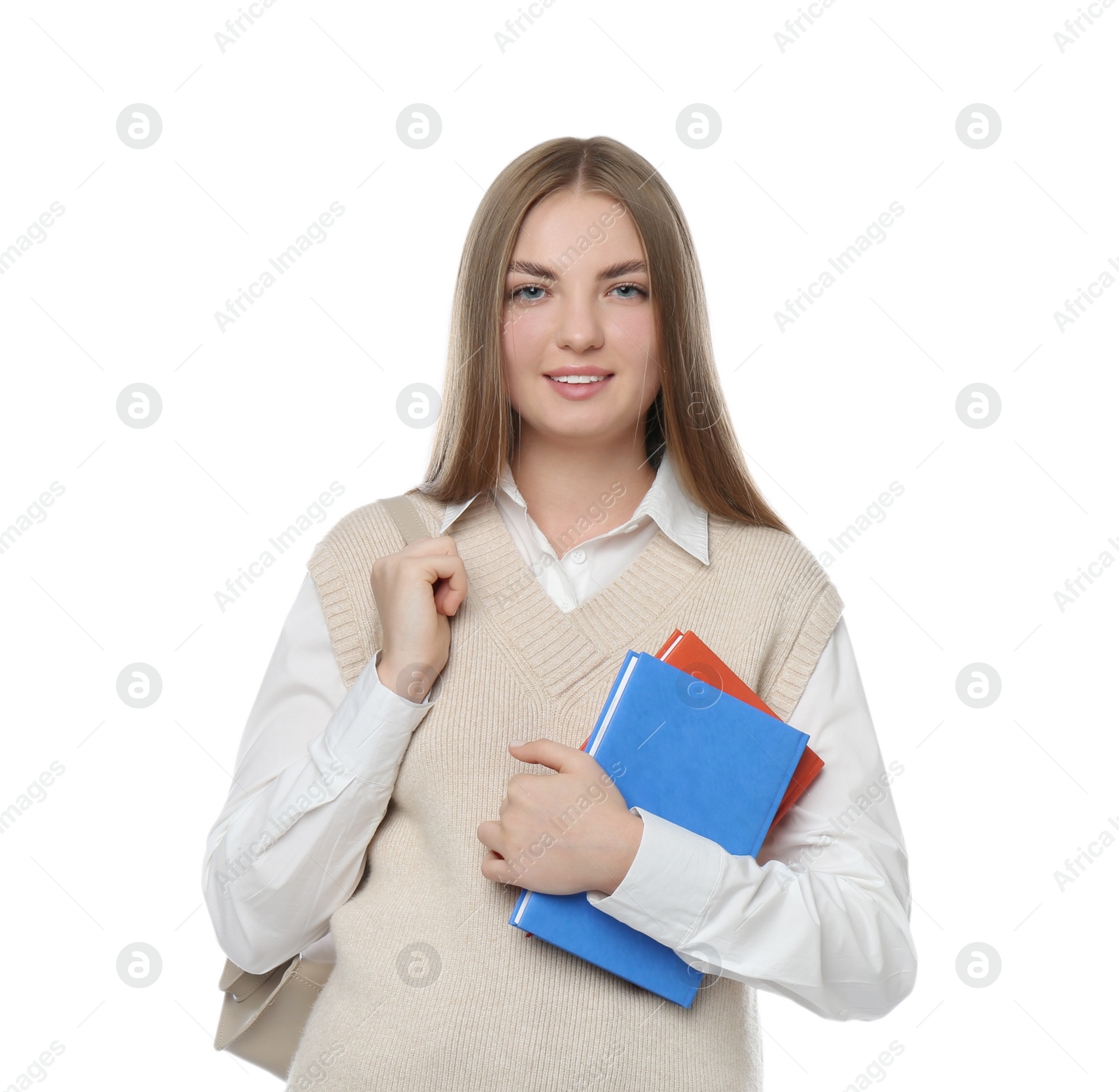 Photo of Teenage student with backpack and books on white background