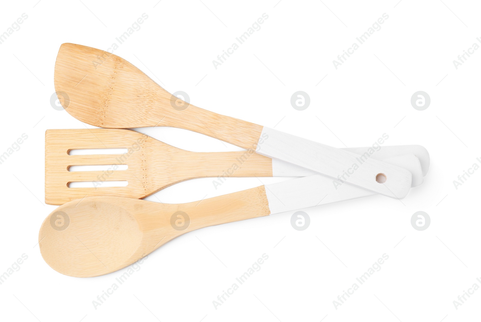 Photo of Set of cooking utensils isolated on white, top view
