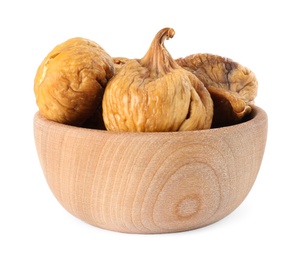 Wooden bowl of dried figs on white background