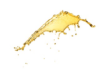 Image of Splash of golden oily liquid on white background
