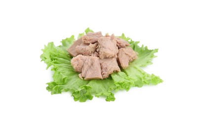 Photo of Delicious canned tuna chunks with lettuce isolated on white