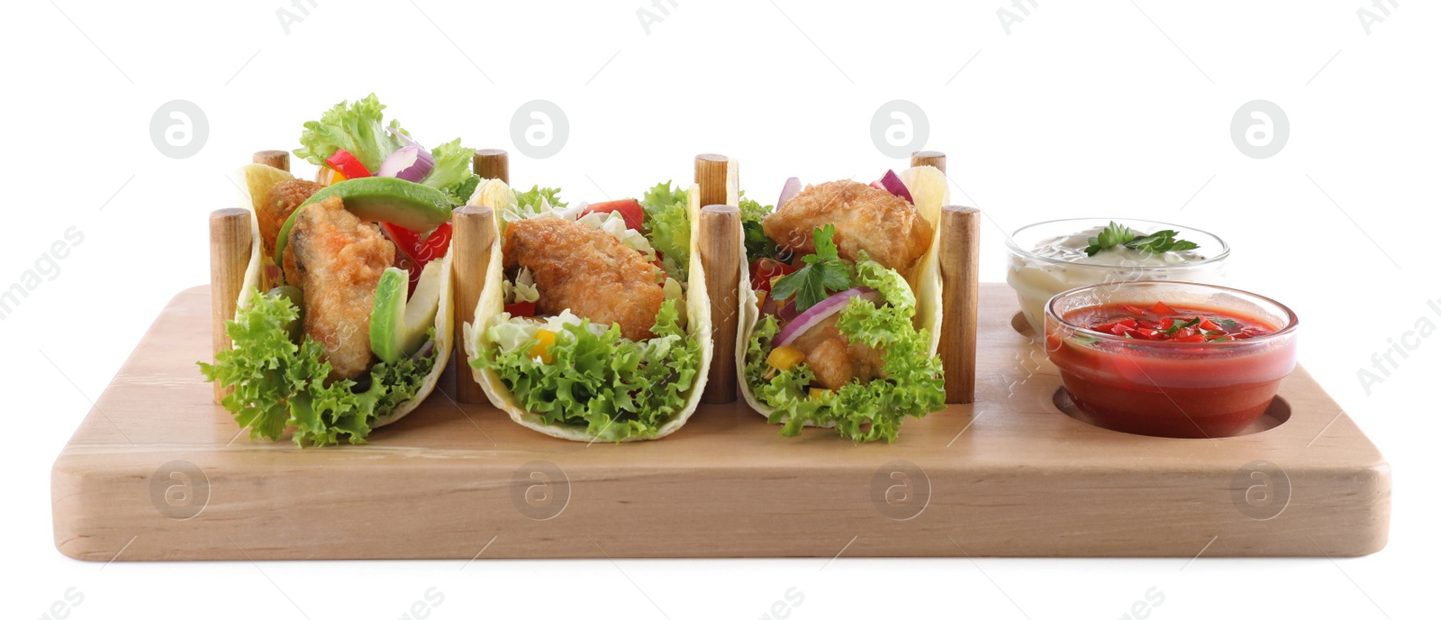 Photo of Board with tasty fish tacos isolated on white