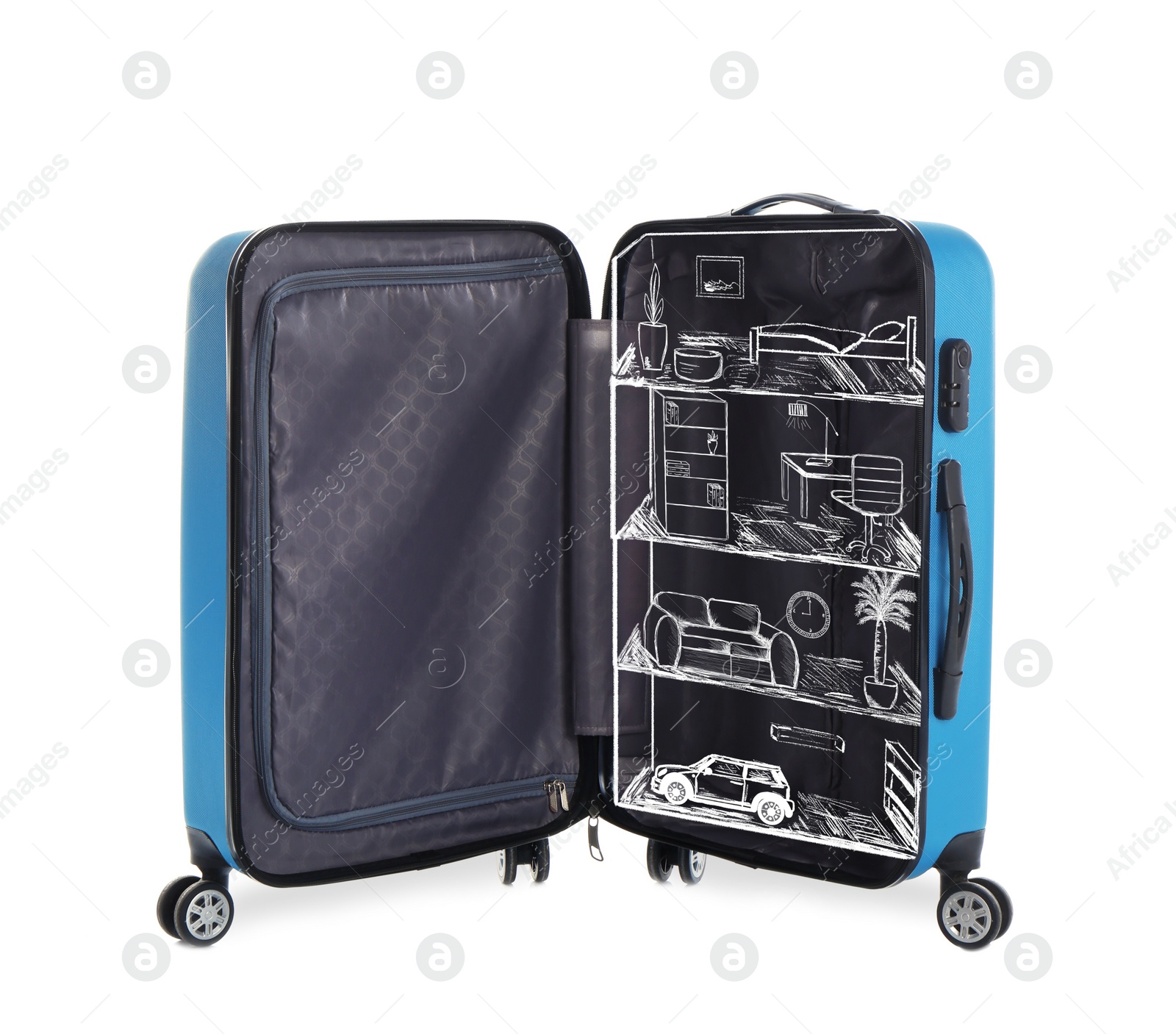 Image of Open turquoise suitcase with drawing of different room interiors on white background. Moving concept